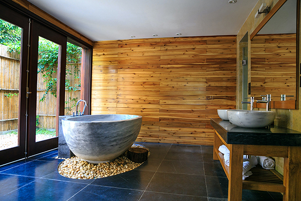 Timber wall panelling and Stone washing basins on a granite
                  countertop